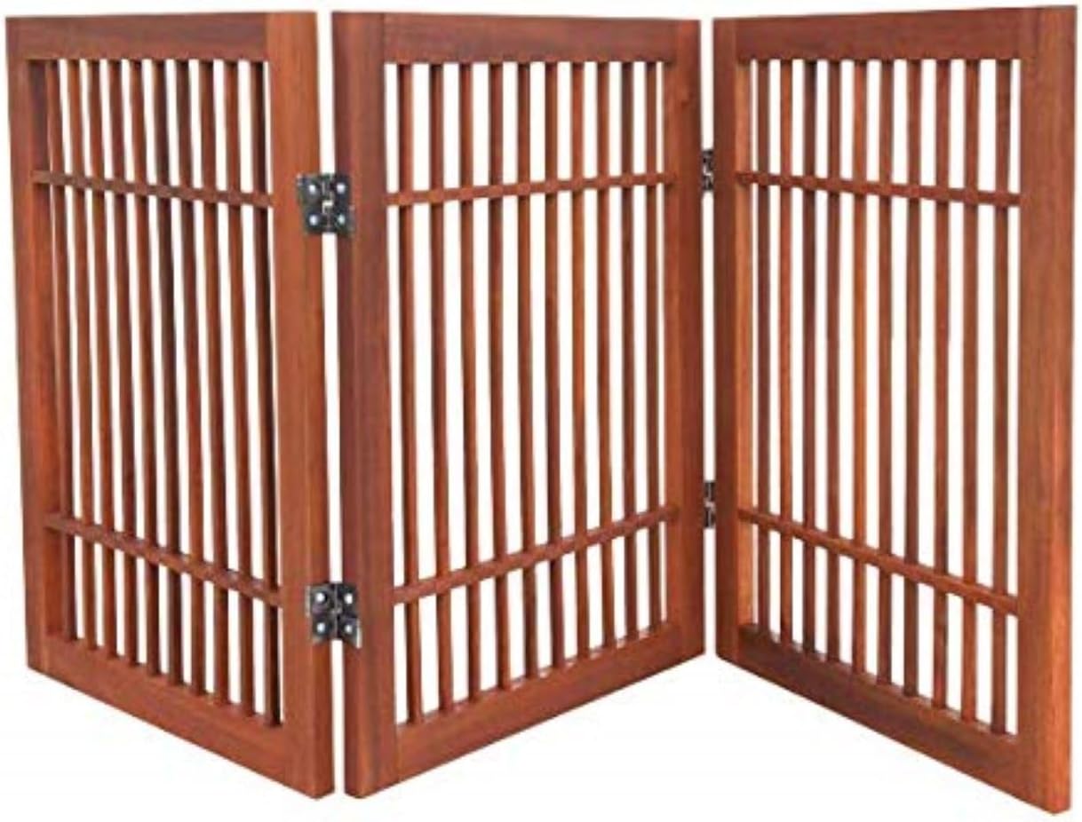 Pet Dog Gate Strong and Durable Freestanding Folding Acacia Hardwood Portable Wooden Fence Indoors or Outdoors by Urnporium (Brown Pet Gate, 3 Panel 24" Tall)
