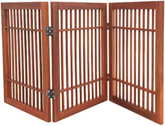 Pet Dog Gate Strong and Durable Freestanding Folding Acacia Hardwood Portable Wooden Fence Indoors or Outdoors by Urnporium (Brown Pet Gate, 3 Panel 24" Tall)