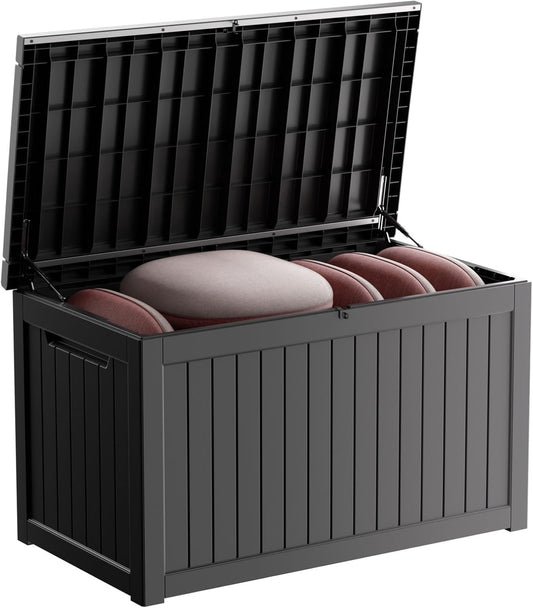 230 Gallon Outdoor Storage Box Waterproof, UV Resistant Resin Deck Box with Hydraulic Rod, Reinforced Stability for Patio, Garden,Striped Black