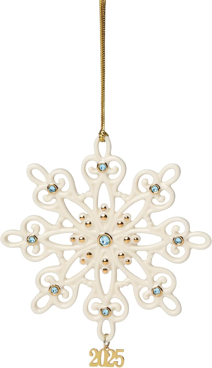 Lenox Ornament, 2025 Gemmed Snowflake Ornament, Porcelain with Gold Accents and Blue Gemstones, Christmas Tree Decorations, Christmas Decoration, Gold Cord for Hanging Included (Cream, 1 Piece)