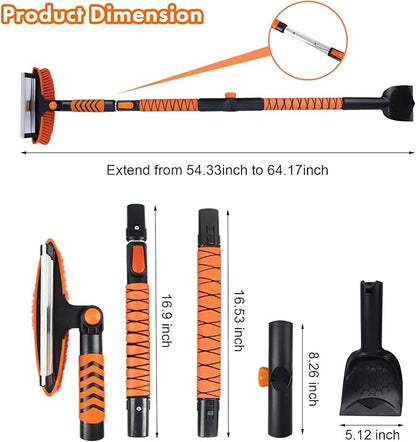 Eazy2hD 3 in 1 Bendable Snow Brush with Ice Scrapers, 64.17" Extendable Window Ice Removal with Squeegee for Windshield, 180° Pivoting Brush Head Cleaner Tool for Car, Truck, SUV
