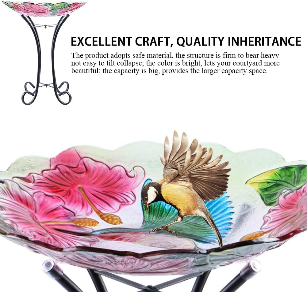 MUMTOP Outdoor Glass Birdbath with Metal Stand for Lawn Yard Garden Hummingbird Decor,18” Dia 21.65” Height