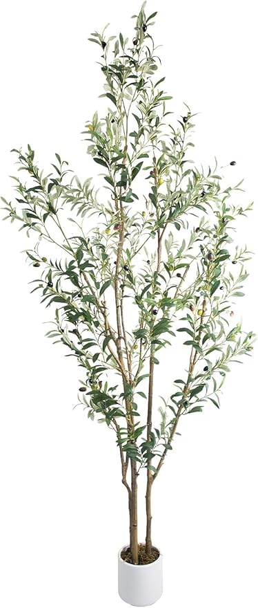 Artificial Fake Olive Tree 7FT Tall 1Pack with White Planter Faux Silk Olive Tree for Home Living Room Office Decor Faux Artificial Plants Indoor with Fruit & Free Moss