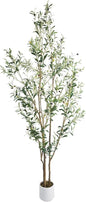 Artificial Fake Olive Tree 7FT Tall 1Pack with White Planter Faux Silk Olive Tree for Home Living Room Office Decor Faux Artificial Plants Indoor with Fruit & Free Moss