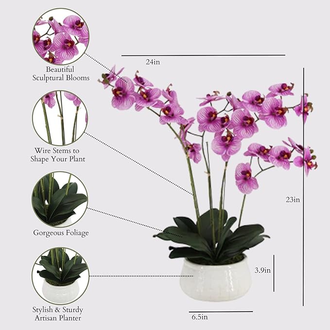 CG Hunter Faux Purple Orchid Plant, Premium Artificial Indoor Flower Display Stands 23”, Beautiful Sculptural Blooms That Lasts Forever, White Planter Pot Included