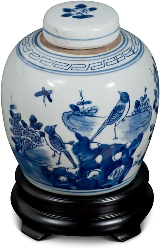 Blue and White Porcelain Bird Flower Motif Chinese Jar
