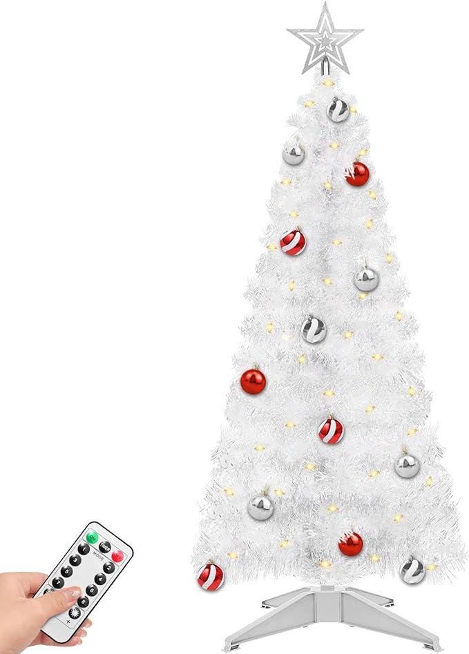 4 Ft White Christmas Tree with Timer Remote Control 8 Mode 100 Warm White Light 18 DIY Ball Ornaments 3D Star Battery Operated Small Xmas Tree Table Indoor Holiday Decor