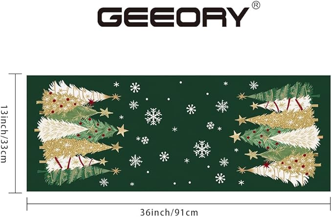 GEEORY Christmas Table Runner 13x36 Inch, Xmas Trees Snowflakes Holiday Decorative Farmhouse Table Decoration for Kitchen Dinning, Indoor Outdoor Dinner Party Decor (Green) GT152-36