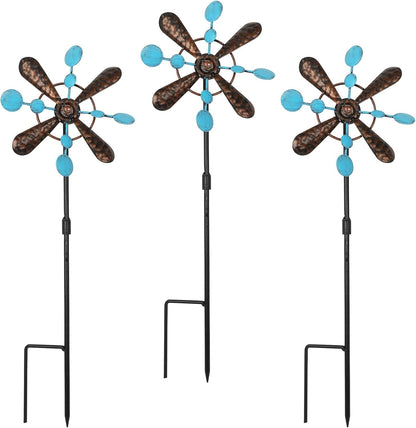 3 Pack Wind Spinners with Metal Stake, 16.3 Inches Yard Garden Sculptures for Outdoor Spring Decoration Lawn Patio Wind Catcher Windmill (Blue spot)