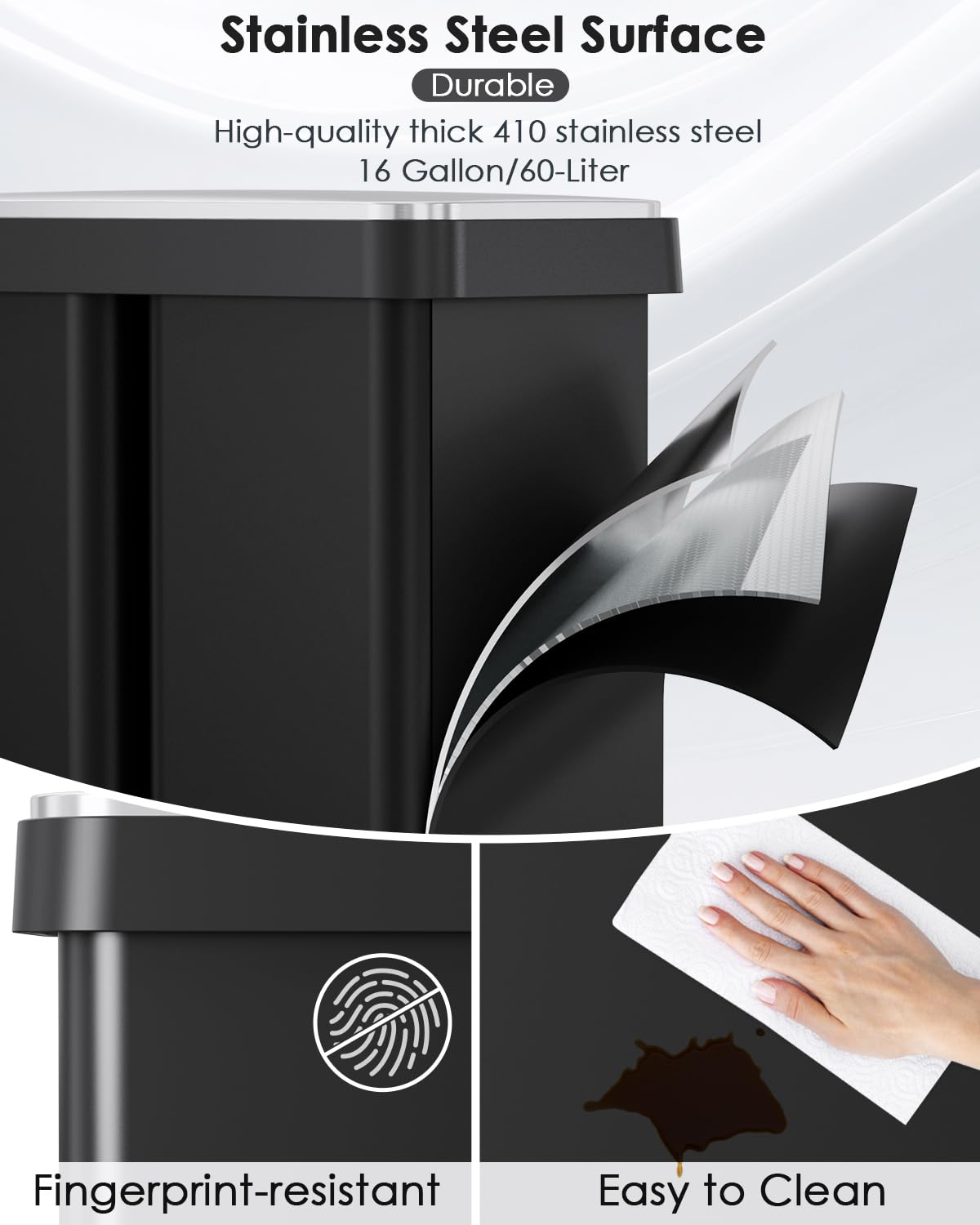 Arlopu 16 Gallon Dual Trash Can, 60L(2x30L) Stainless Steel Kitchen Garbage Can, Step-on Classified Recycle Garbage Bin with Removable Inner Buckets, for Kitchen, Living Room, Office (Black)