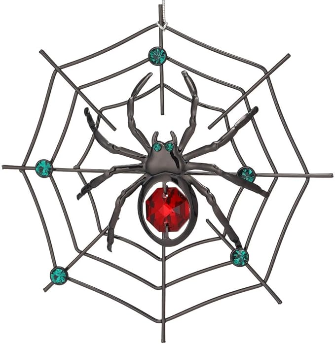 Matashi Black Spider Hanging Ornament for Christmas Tree w Red, Green Crystals – Lucky Spider Web Decoration for Tree, Seasonal Decor Holiday Hanging Ornament Gift Inspired by Christmas Spider Legend