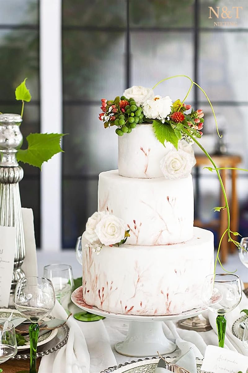 N&T NIETING Artificial Flowers Glitter Roses Flowers 25pcs White Foam Shiny Roses Real Looking Fake Roses with Stem for DIY Wedding Bouquets Centerpieces Bridal Shower Party Home Decorations