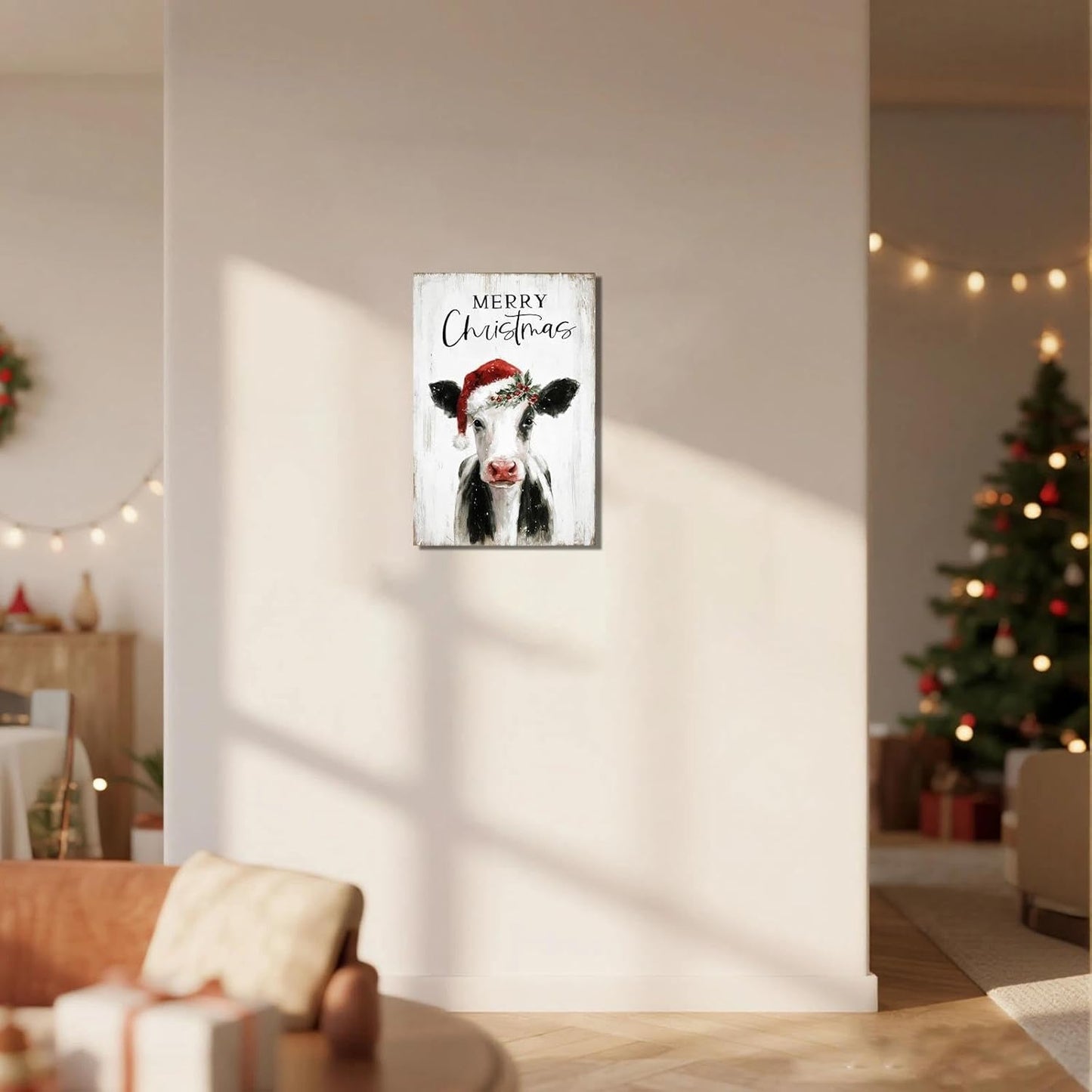 Christmas Cow Canvas Wall Art – Framed Farmhouse Decor for Xmas, Ready to Hang Print Holiday Gifts for Bedroom & Living Room Indoor 16x24Inch