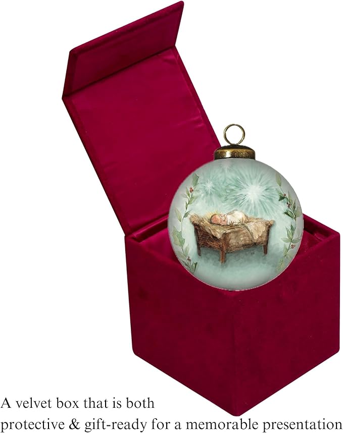 Baby Jesus Nativity Ornament – “O Holy Night” – Hand-Painted Glass Christmas Ornament with Gift Box – Christian Religious Holiday Décor