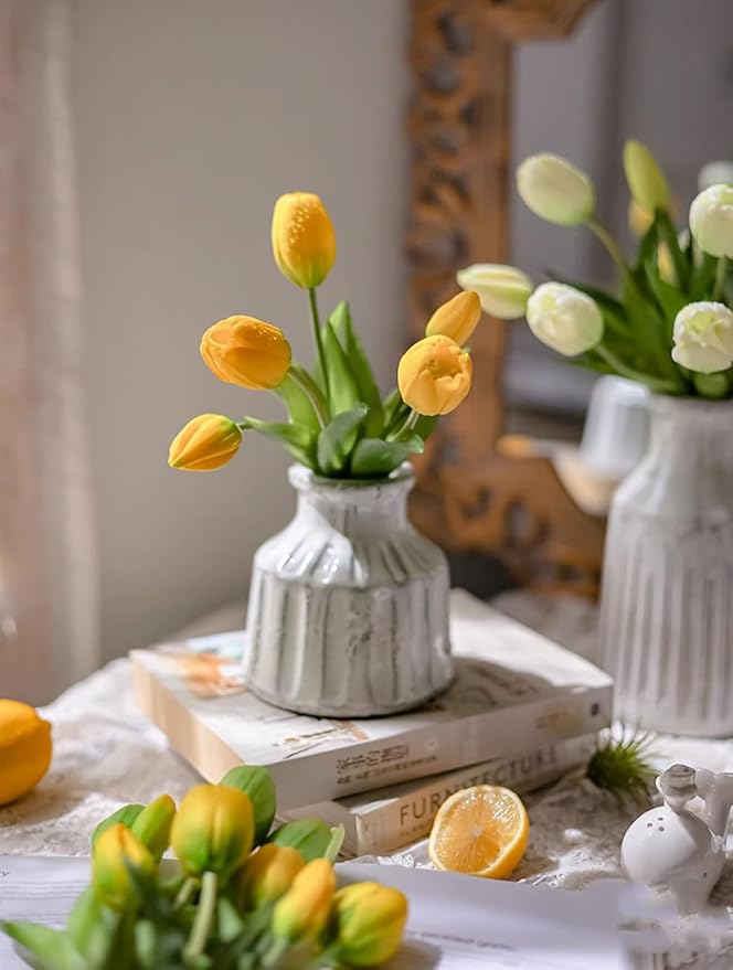 15 pcs Yellow Tulips Artificial Flowers Faux Tulips Real Touch Latex Fake Flower Bouquet for Spring Wedding Home Décor Centerpiece Arrangements