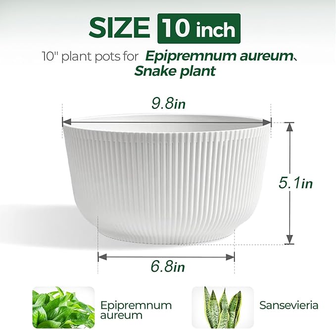 T4U 10 Inch Self Watering Pots for Indoor Plants, 2 Pack Large Plant Pots, Self Watering Planter for Indoor Plants, Durable Plastic Pots (2 Pack,10", White)