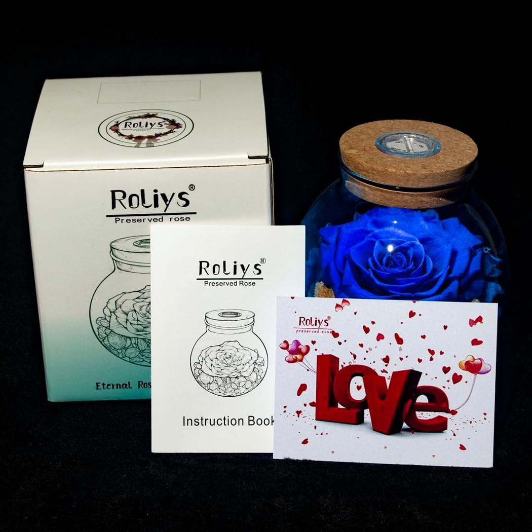 Preserved Real Roses with Colorful Mood Light Wishing Bottle, Eternal Rose，Never Withered Flowers, Table Decor,Christmas Anniversary Valentine's, Blue 4.3inch, 1pcs