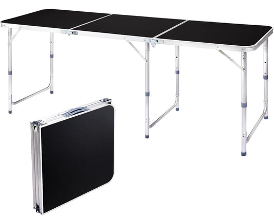 6.0 Ft Folding Portable Camping Table with Three Adjustable Heights, Tri-fold Outdoor Table, Outdoor Camping Kitchen, BBQ, Picnic, Cooking, Beach, Garden, Party, Black