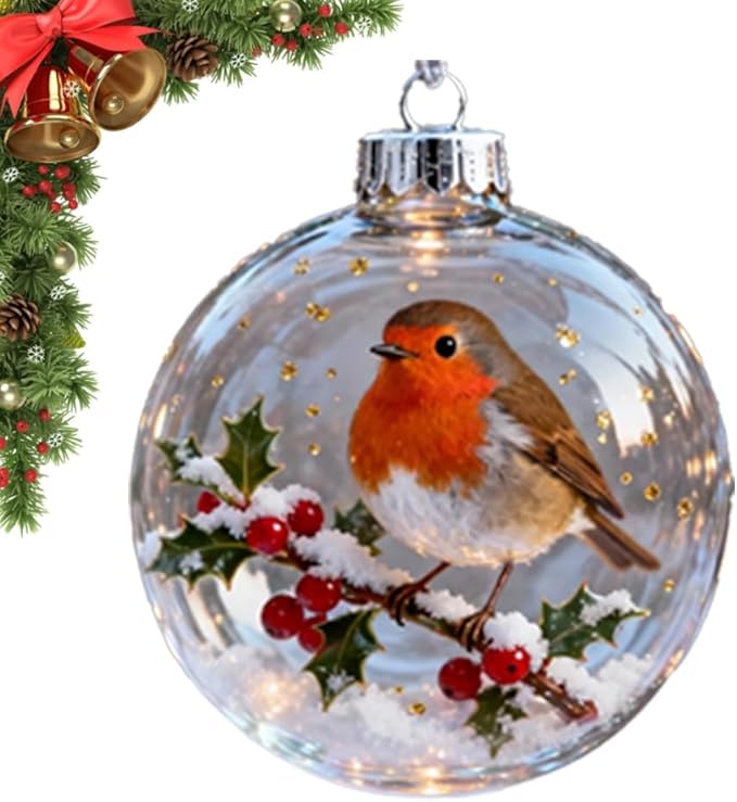 Winter Birds Christmas Glass Bauble Collection, Nature’s Birds Crystal Glass Ornament Set, 2026 Cute Hummingbird Christmas Tree Ornaments, for Xmas Tree Memorial Gifts, Room Decor(Styleb)