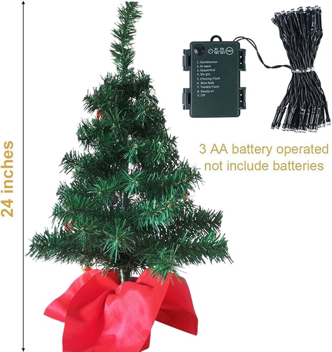 Juegoal 24 Inch Mini Christmas Tree Set, Table Top Artificial Christmas Trees with 50 LED Lights, Ornaments and Red Berries, Best DIY Christmas Decorations