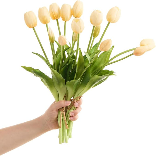 15 pcs Cream Tulips Artificial Flowers Faux Tulips Real Touch Latex Fake Flower Bouquet for Spring Wedding Home Décor Centerpiece Arrangements