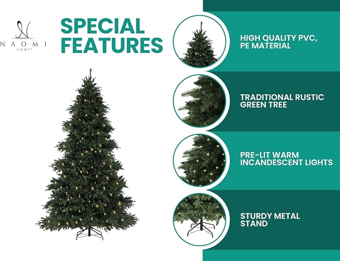 Cynthia 4.5ft Prelit Aritificial Christmas Tree with 1117 Branch Tips, 300 Warm Lights and Metal Stand, 40" Wide Realistic Rustic Christmas Tree with Lights by Naomi Home