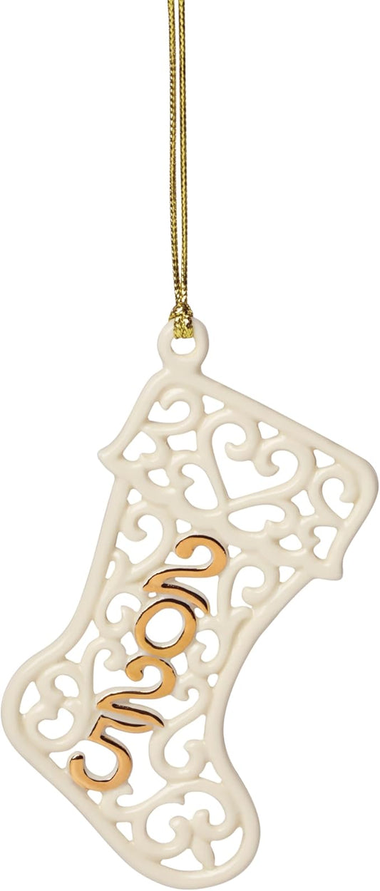 Lenox Ornament, 2025 A Year to Remember Stocking Ornament, Porcelain with Gold Accents and Gold Cord for Hanging, Tree Decorations, Winter Decor, Winter Tree Decor, Stocking Design (Cream, 1 Piece)