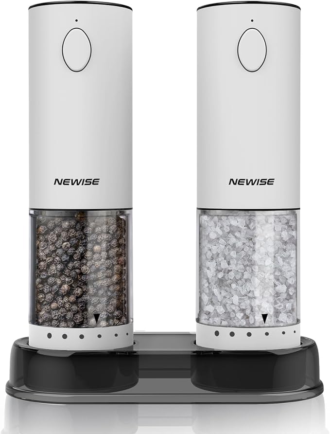Electric Salt and Pepper Grinder Set, Rechargeable with LED Lights, Stainless Steel Automatic Pepper & Salt Mill, Adjustable Coarseness, Large Capacity, White