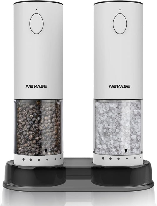 Electric Salt and Pepper Grinder Set, Rechargeable with LED Lights, Stainless Steel Automatic Pepper & Salt Mill, Adjustable Coarseness, Large Capacity, White