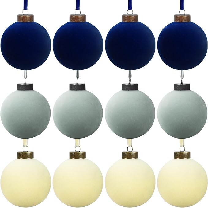 12 Pcs Velvet Christmas Balls Bulk Shatterproof Plastic Christmas Tree Decorations for Decorative Hanging Baubles (12, Beige、Haze Blue、Navy Blue, 3.94Inch)