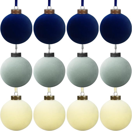 12 Pcs Velvet Christmas Balls Bulk Shatterproof Plastic Christmas Tree Decorations for Decorative Hanging Baubles (12, Beige、Haze Blue、Navy Blue, 3.94Inch)