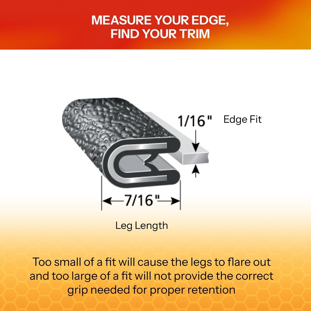 TRIM-LOK Edge Trim - Fits 1/16" Edge, 7/16” Leg Length, 25’ Length - Dual Gripping Fingers - Black, Pebble Texture - Flexible PVC Edge Protector