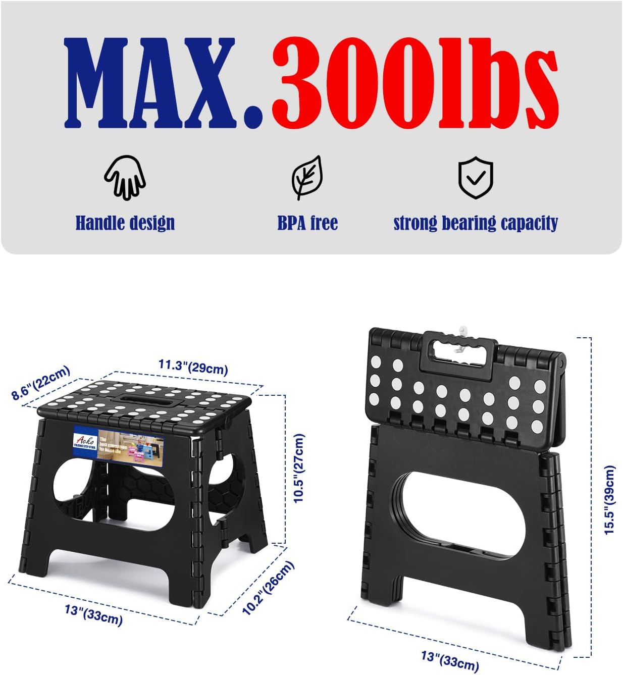 ACKO Folding Step Stool Foldable Step Stools for Kids, 11 Inch Foot Stool Black Plastic Step Stool with Portable Handle Small Stool Hold up to 300lbs for Bathroom, Kitchen 1PC