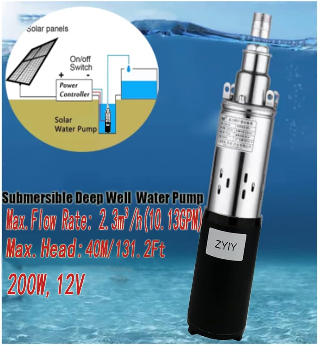 12V Deep Well Submersible Pump 200W DC Solar Power Deep Well Pump 3" Stainless Steel Submersible Well Pump 1"Bore Pump High Lift 131ft Pressure Well Water Pumps for Home,Industrial,Irrigation Use