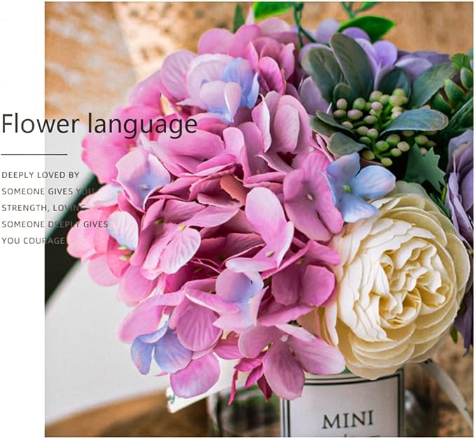 Artificial Rose Flower Bouquet Set, Hydrangea Hand Bouquet and vase, Ins Style Artificial Flower Set（Purple）