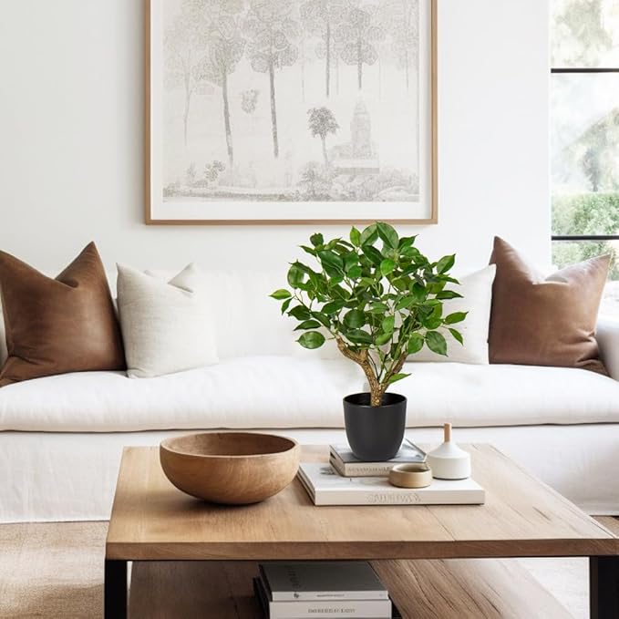 Artificial Tree, 17'' Ficus Bonsai, Premium Faux Planted Potted Decor for Home Table Office Desk Bathroom Bedroom Living Room Farmhouse