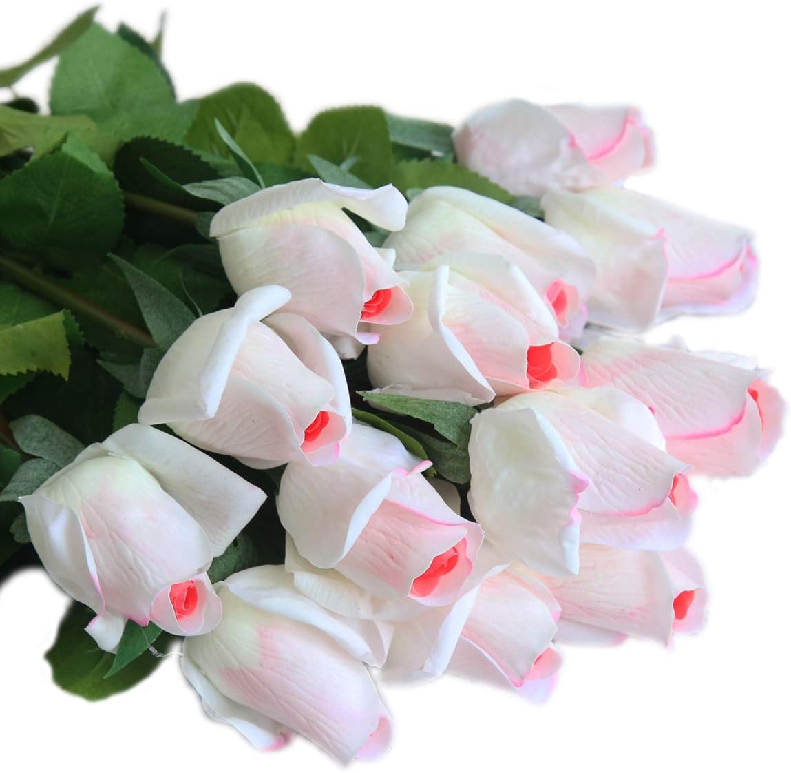 12pcs Real Look Artificial Rose Buds, 22 Inch Real Touch Silk Rosebud, Realistic Design Artificial Flower with Real Feel Petals,Silk Flower Bud for Wedding Home Décor,White with Pink Heart