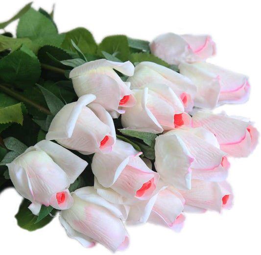 12pcs Real Look Artificial Rose Buds, 22 Inch Real Touch Silk Rosebud, Realistic Design Artificial Flower with Real Feel Petals,Silk Flower Bud for Wedding Home Décor,White with Pink Heart