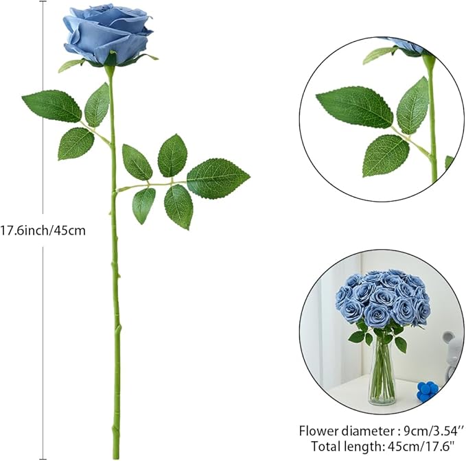 15pcs Dusty Blue Roses Artificial Flowers Silk Fake Flowers Realistic Dusty Blue Roses Bouquet Long Stem for Wedding Home Party Birthday Decoration