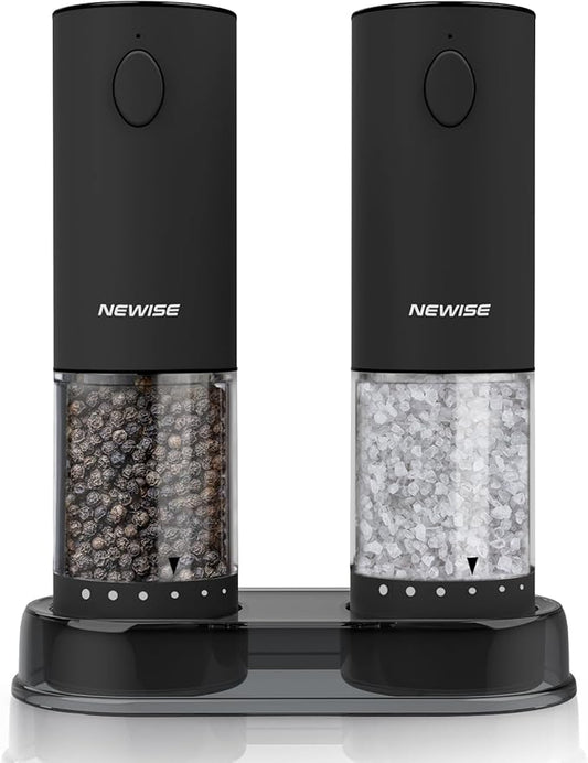 Electric Salt & Pepper Grinder Set, Rechargeable with LED Light & External Coarseness Adjustment, One-Hand Operation, Perfect Kitchen Gift for Home Cooks & Families - Black