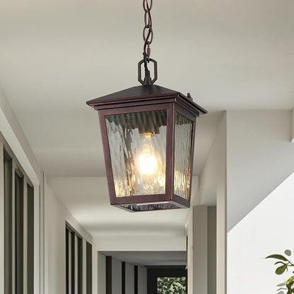 Outdoor Pendant Light, Brown Outdoor Porch Light fixtures with Anti-Rust, Coffee Exterior Hanging Lantern, Height Adjustable Outside Chandelier with Water Glass for House Patio Garage
