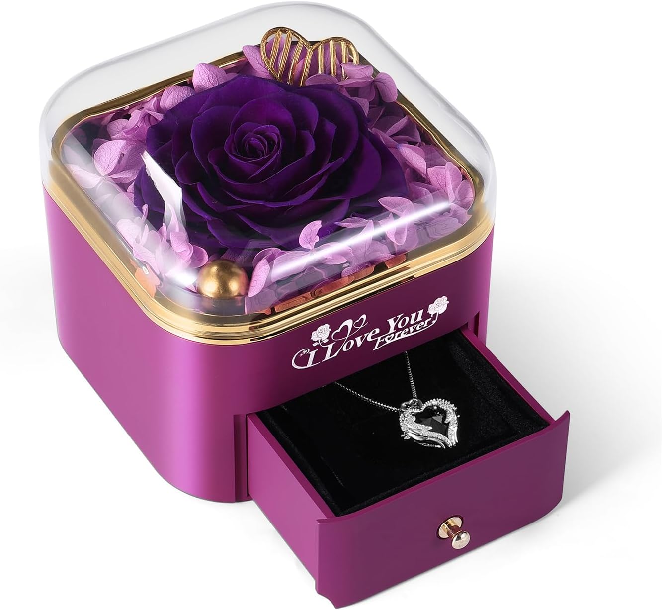 Mikasol Preserved Rose & Heart-Shaped Necklace with Jewelry Box - Preserved Rose, Ideal Romantic Gift for Women, Anniversary, Valentines, Purple, 4.9"x4.5"x4.3"
