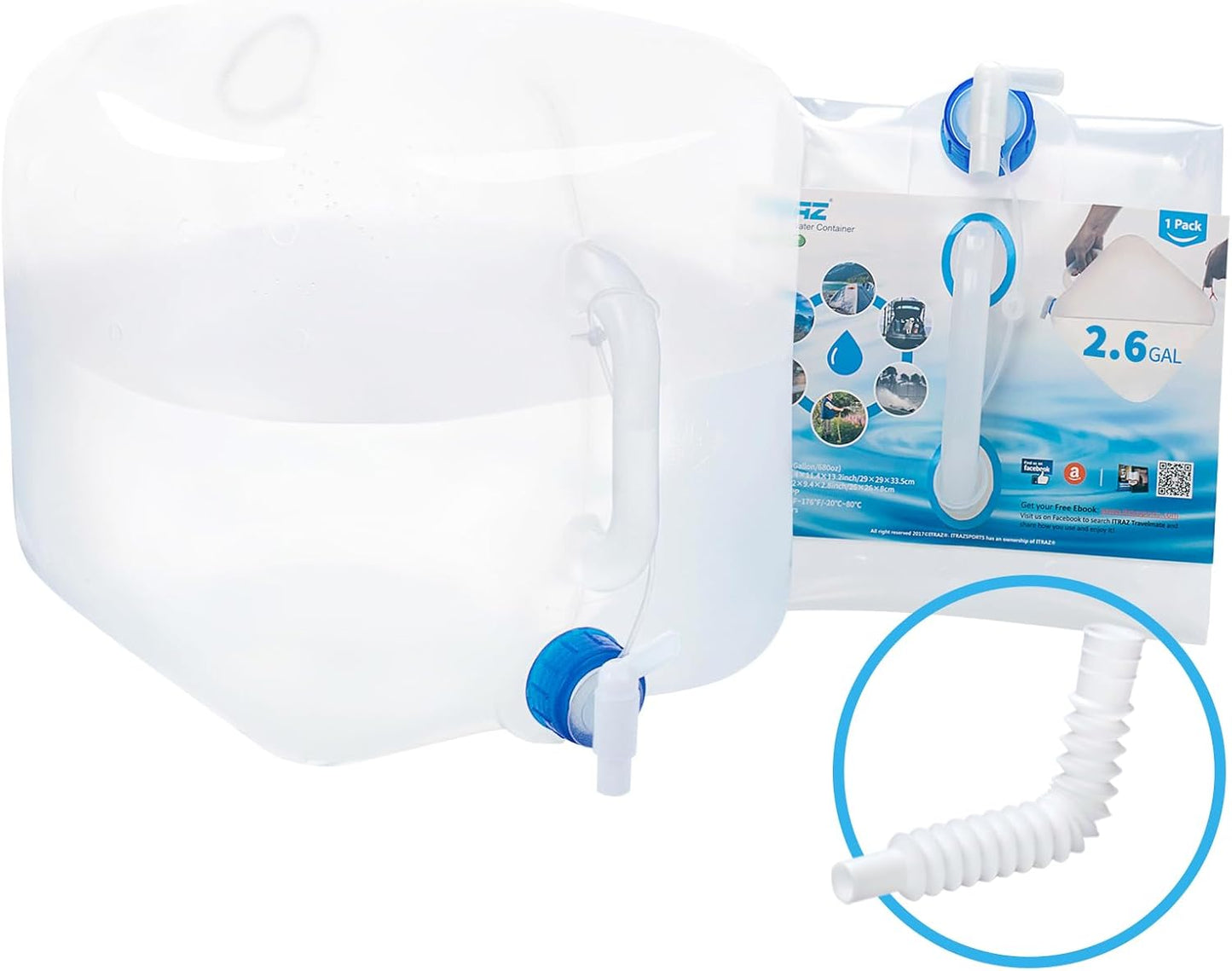 Collapsible Water Container Jug, 2.6 Gallon No BPA Water Storage Carrier with Spigot, for Camping Hiking Backpacking RV Outdoors and Emergency, Foldable Portable Survival Kits for Hurricane