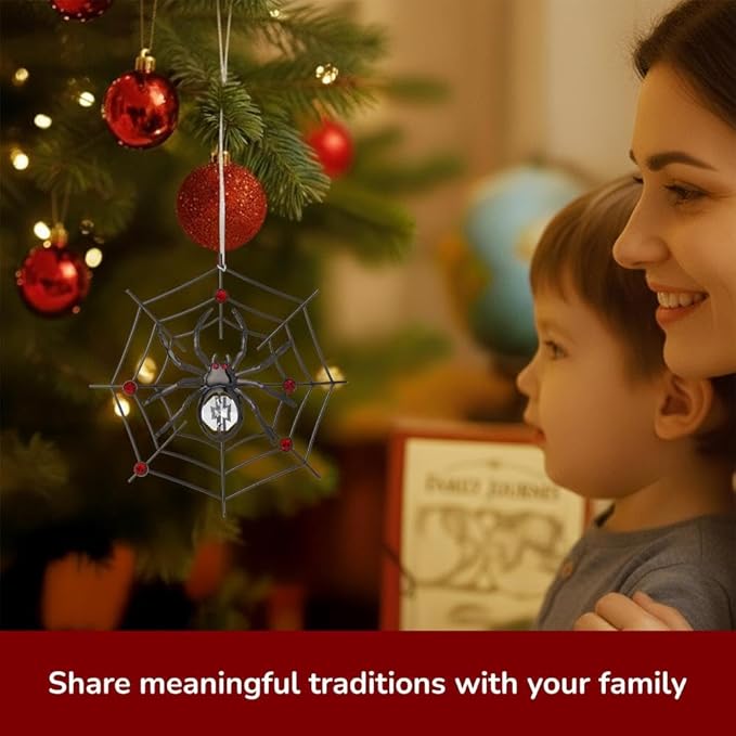 Matashi Black Spider Hanging Ornament for Christmas Tree w Clear, Red Crystals – Lucky Spider Web Decoration for Tree, Seasonal Decor Holiday Hanging Ornament Gift Inspired by Christmas Spider Legend