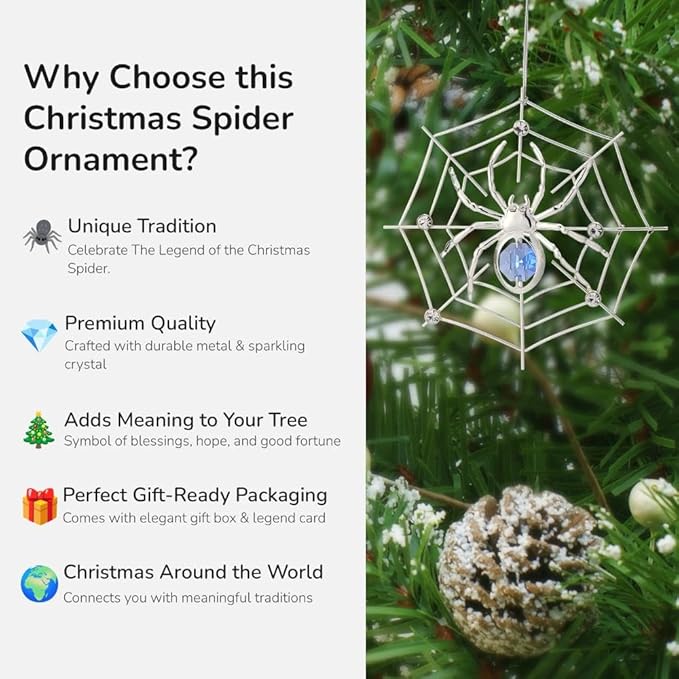 Matashi Silver Plated Christmas Tree Spider Ornament w Blue, Clear Crystals Lucky Hanging Decoration, Holiday Ornament Gift, Unique Spider Decor for Christmas & Halloween Party w Tinsel Legend Story