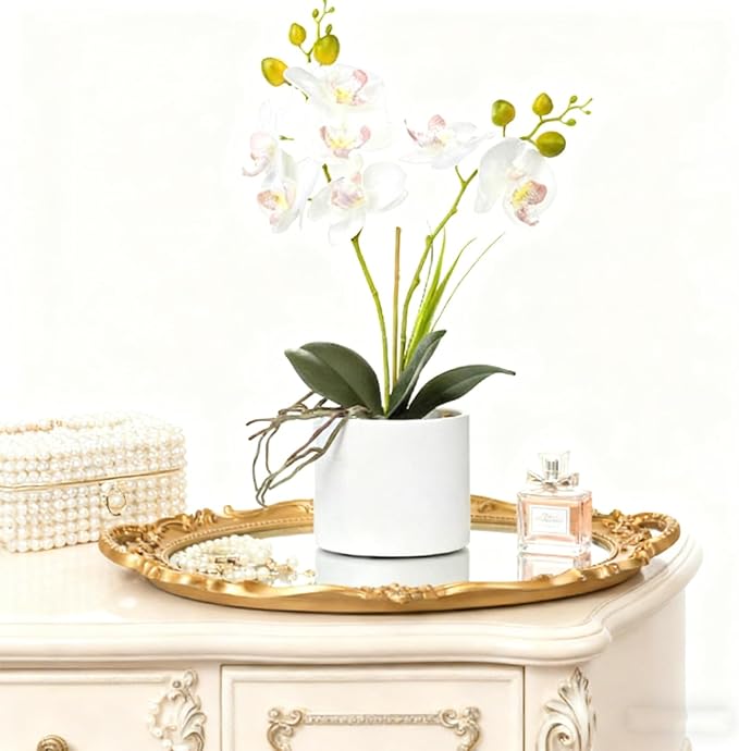 Jusdreen Artificial White Orchid in Ceramic Pot, Realistic Phalaenopsis Arrangement with Potting for Home Office Table Decor, 14.5 Inch Flower Centerpiece
