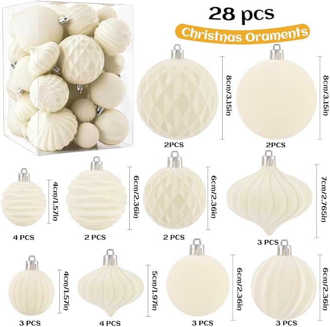28PCS Velvet Christmas Balls Ornaments, Flocked Shatterproof Beige Cream Xmas Tree Hanging Decoration Plastic Ball Set Bulk Ornament for Winter Trees Holiday Party Home Wreath Decor