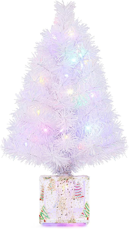 Brightever 2FT Small Christmas Tree, Prelit Mini Christmas Tree with 50 Multi-Color LED Lights, Gold Gift Box Base, Battery Operated Little Xmas Tree for Table Top, White