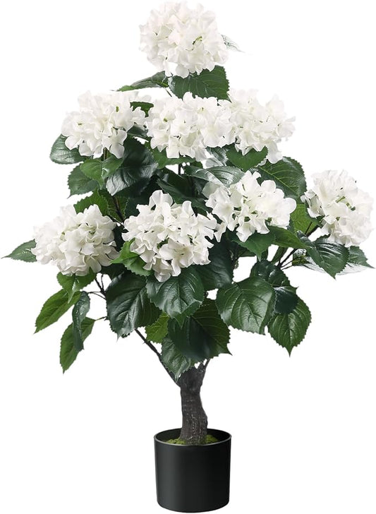 Romantic Season 38" Artificial Hydrangea Tree in Pot, Faux Potted Silk Hydrangea Plant for Indoor Outdoor Decoration, Lifelike Artificial Flower Tree for Home, Office, Patio, Garden Decor, White
