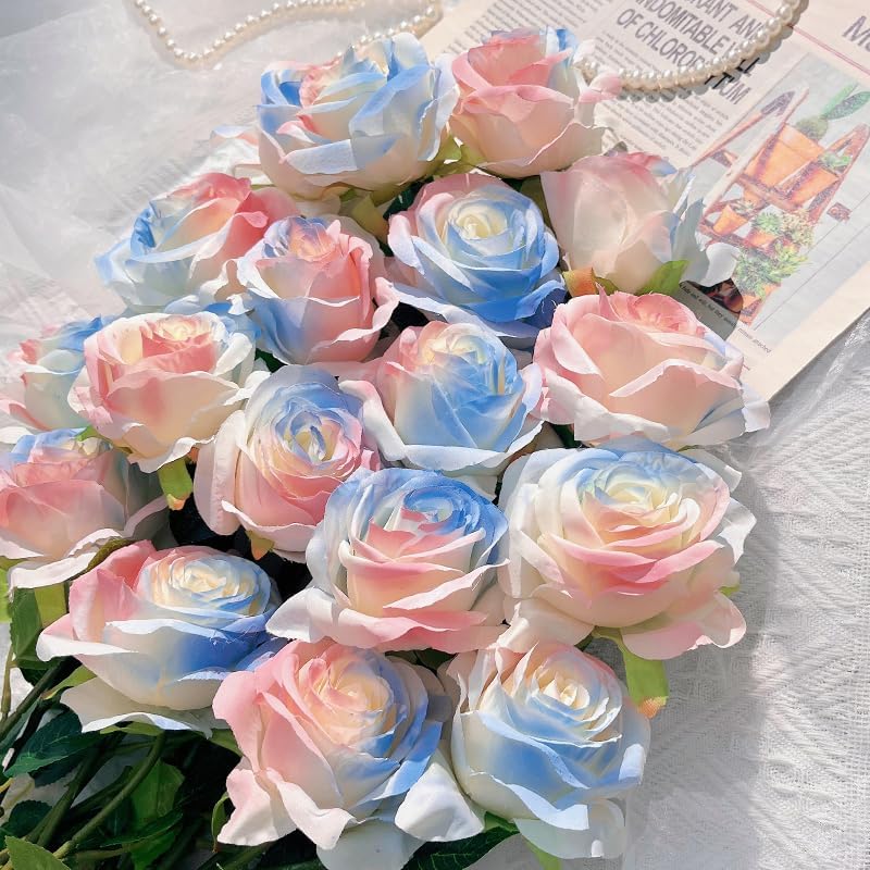 Pink Blue Mix Artificial Roses Fake Flowers Not Bend The Peduncle with Stems for DIY Wedding Bouquets Bridal Shower Centerpieces Arrangements Tables Decorations 24pcs